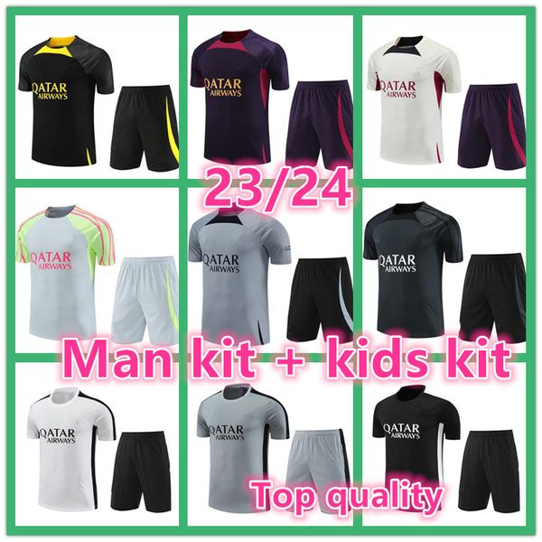 

23 24 psgs short sleeve tracksuit 2023 2024 paris mbappe child training suit football soccer jersey kids kit uniform chandal set, Black