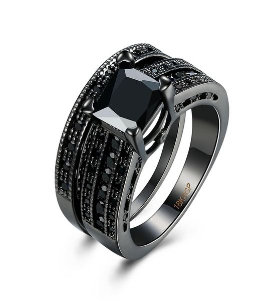 

fashion 18k black gold plated black square diamond princess cut wedding engagement bridal bands ring sets for women ladies3898974, Slivery;golden