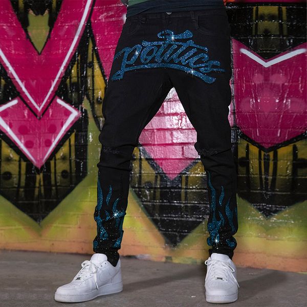 

mens jeans quilted embroidered jeans skinny ripped grid stretch denim pants man elastic waist patchwork jogging trousers 230710, Blue