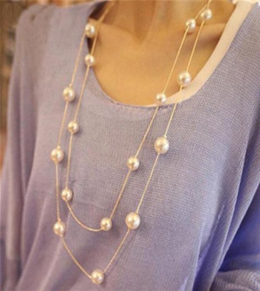 

new long double layer simulated pearl necklace women sweater chain necklace female collares statement jewlery whole 20211463964, Silver