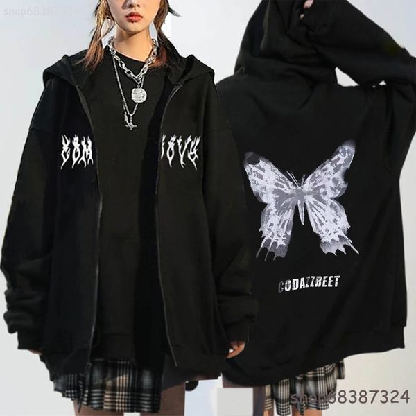 

men's hoodies sweatshirts y2k streetwear zip hoodie man punk gothic oversized skull wing evil flame zipper sweatshirt autumn men coats, Black