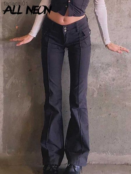 

allneon indie aesthetics slim low waist flare pants egirl vintage pockets solid y2k pants autumn 90s fashion black trousers l230621, Black;white