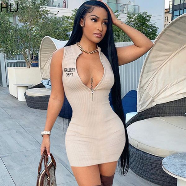 

basic casual dresses hlj fashion streetwear deep v sleeveless zipper bodycon dress women letter print slim mini dress female club party vest, Black;gray