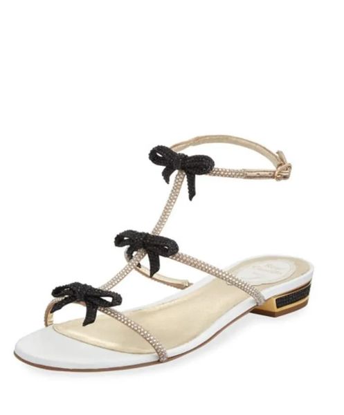

luxury lady pumps rc sandals bow-detail flat rhinestone crystal-embellished satin sandals ankle strap square open toe cool style with box 35, Black