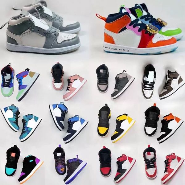 

toddler designer infants jumpman 1s kids basketball shoes game royal scotts obsidian chicago bred sneakers mid multi-color tie-dye kids shoe, Black