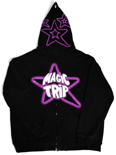 

mens hoodies sweatshirts houzhou y2k harajuku oversized zip up hoodie star print streetwear hip hop zipper hood sweatshirt letter long sleev, Black
