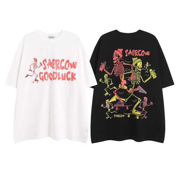 

stussys american ins high street dark fashion brand trendy street skull letter foam printed short sleeve t-shirt half sleeve, White;black