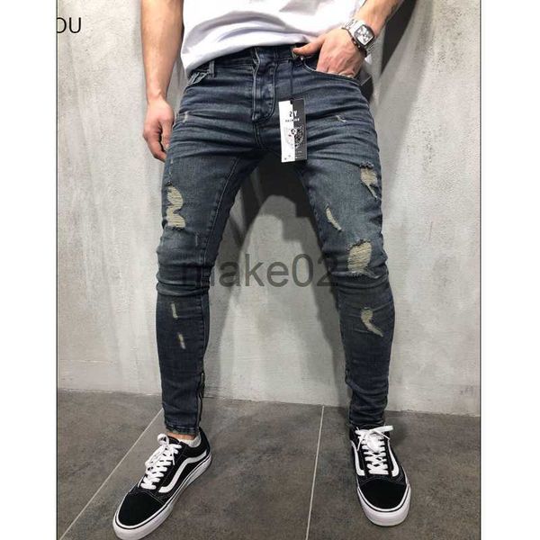 

men's jeans men's ripped skinny jeans slim pencil casual pants 2023 denim menswear x0710, Blue
