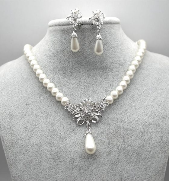 

rhodium silver plated cream glass pearl and rhinestone crystal floral bridal necklace and stud earrings jewelry sets3696236