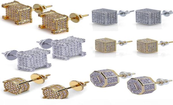 

hiphop gold plated earrings for men bling cubic zirconia hip hop ear studs brand design gem silver plated jewelry 1041679, Golden;silver