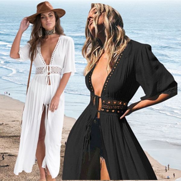

women's swimwear beach fashion long maxi dress women beach cover up outing tunic pareo white v neck dresses robe swimsuit beachwear 230, White;black