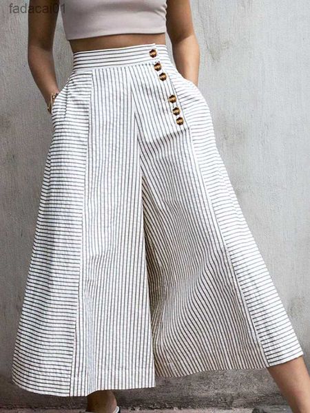 

women high waist striped pants 2023 fashion retro wide leg trousers summer casual buttons loose elegant party pantalones l230621, Black;white
