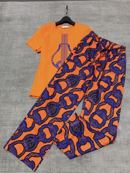 

2023 new printted pants set 2pc o-neck short sleeve casual short sleeve tee+wide leg high waist trousers matching suits, White
