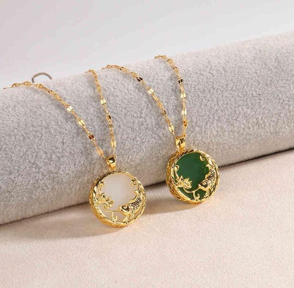 

chine style round 18k gold titanium steel lucky fish natural jade necklace for friends5806026, Silver
