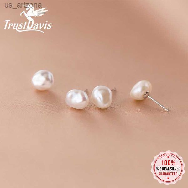 

trustdavis authentic 925 sterling silver sweet irregular baroque pearl stud earrings for women wedding party fine jewelry da1224 l230620, Golden;silver