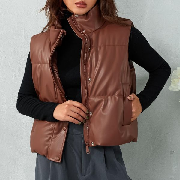 

jackets women winter casual simple style outerwear sleeveless vest coat solid color zipup button side pockets mockneck, Black;brown
