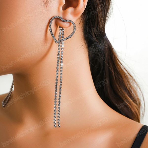 

classic shiny crystal love heart pendant drop earrings for women wed bridal long tassel rhinestone earrings jewelry, Silver