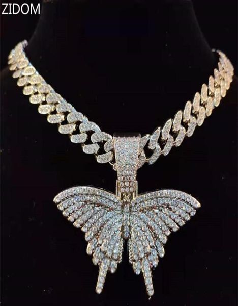 

pendant necklaces men women hip hop butterfly necklace with 13mm miami cuban chain iced out bling hiphop fashion charm jewelry7313052, Silver
