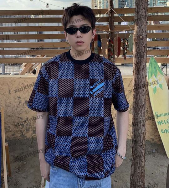 

xinxinbuy men designer tee t shirt 23ss paris plaid print short sleeve cotton women white black blue xs-l, Black;brown