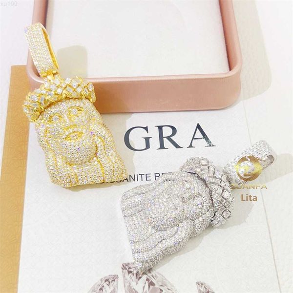 

gra certificate hip hop s925 gold plated iced out jesus face custom necklace diamond vvs moissanite pendant, Silver