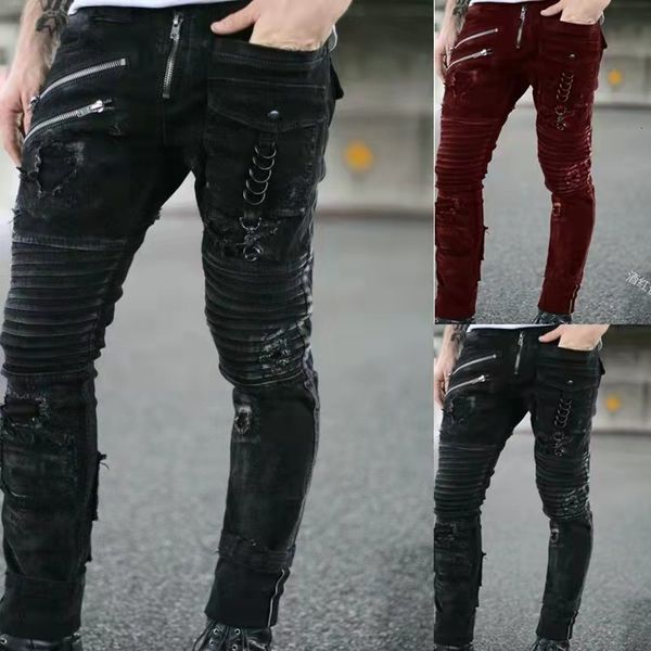 

men's jeans straight jeans men punk skinny denim pants spring summer boyfriend jeans streetwear zipper slim fit black goth trousers 230, Blue