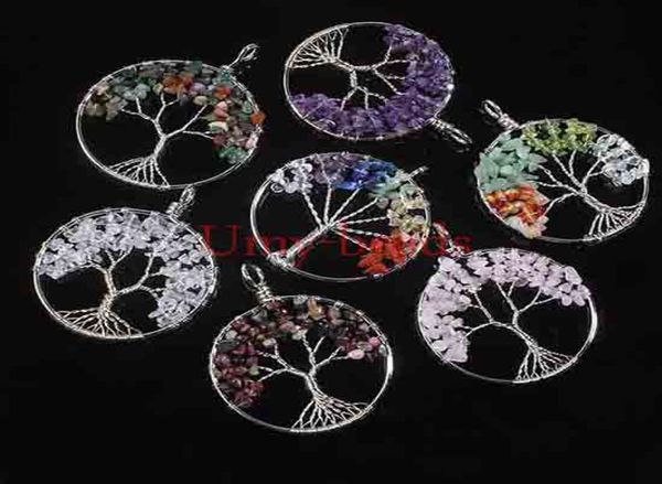 

whole 10pcs silver plated natural gravel gemstone winding round shape beads tree of life hearling ponit chakra stone pendant j8603222