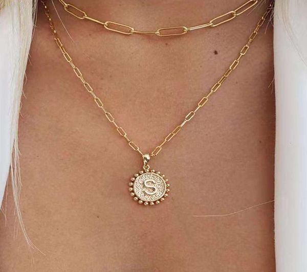 

round 26 initials pendant gold paper clip chain fold necklace female2960003, Silver
