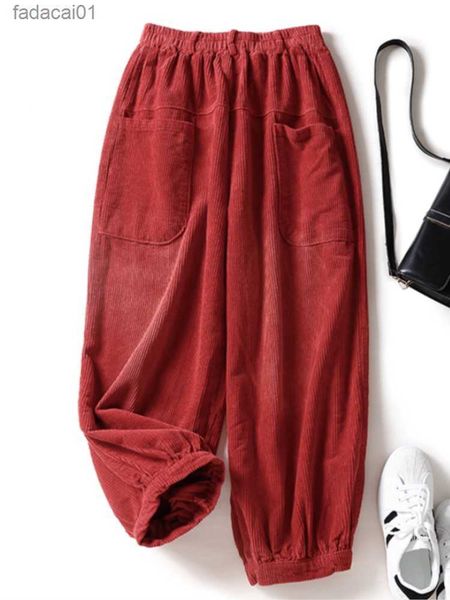 

corduroy women pants solid color 2022 autumn spring casual pockets elastic waist fashion trouses female yoyikamomo l230621, Black;white