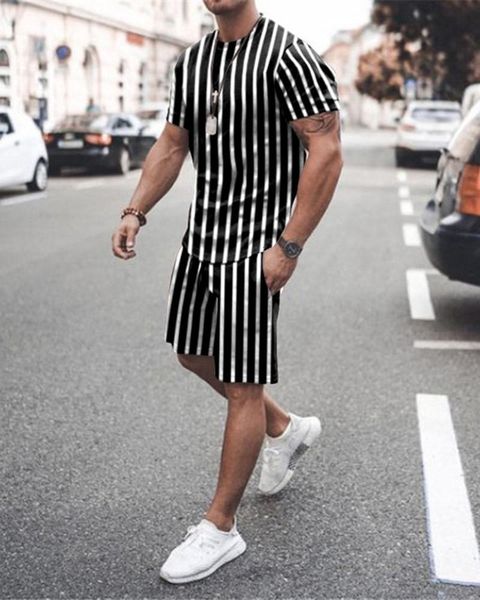 

men's tracksuits summer fashion suit casual beach shorts set 3d print stripe short sleeve t shirt round neck man clothing 2 piece outfi, Gray