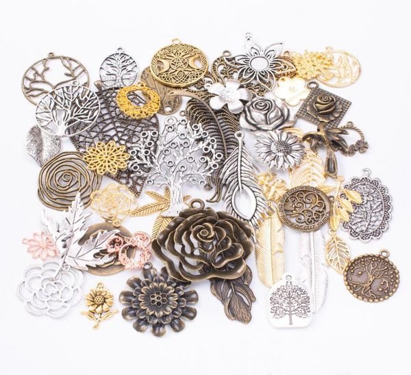 

200grams vintage silver color bronze plant leaf flower tree charms pendant for bracelet earring necklace diy jewelry making5496750, Bronze;silver
