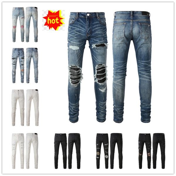 

designer mens hip-hop fashion zipper hole wash jean pants retro torn fold stitching men design motorcycle riding cool slim amiris amirs pant, Blue