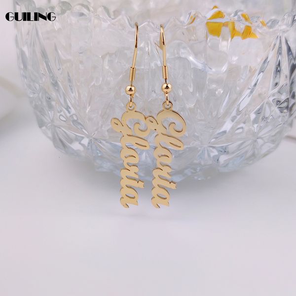 

hoop huggie dainty women vertical name pendant charm dangle custom paired hook earrings personalized stainless steel jewelry christmas gift, Golden;silver