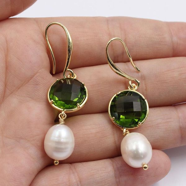 

guaiguai jewelry natural white rice pearl green glass crystal gold plated hook earrings handmade for women6696889, Silver