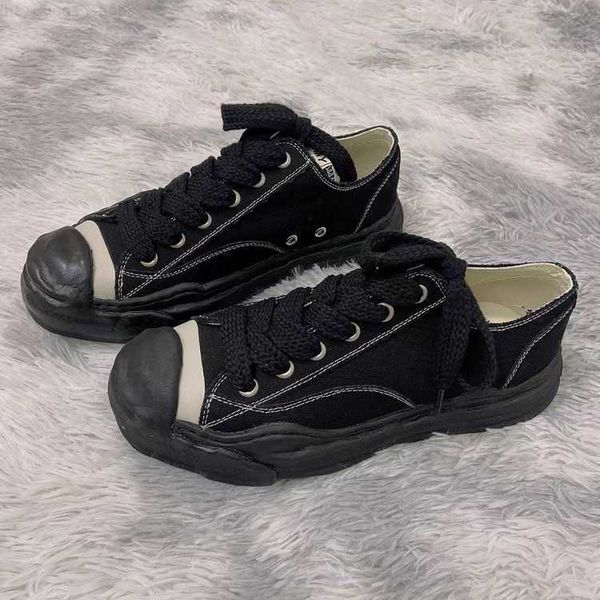 

maison mihara yasuhiro mmy dissolved shoes open smile made old canvas shoes for men and women thick sole elevated board shoes, Black