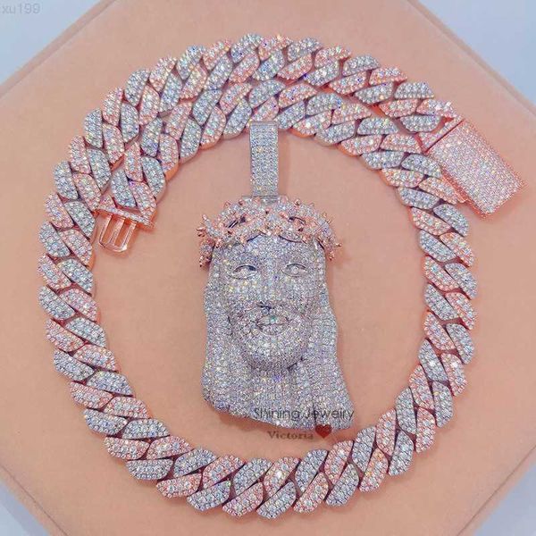 

rose gold 2 tone sterling silver iced out hip hop moissanite diamond cuban chain vvs jesus pendant