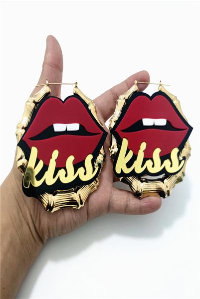 

kiss red lips big bamboo hoop earrings for women mirror gold letter hyperbole hiphop rock acrylic festival party jewelry8886937, Golden;silver