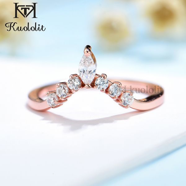 

with side stones kuololit 585 14k 10k rose gold marquise ring for women solitaire matching v band wedding engagement couple 230710, Silver