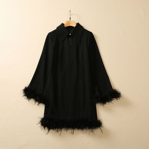 

european and american women's dress 2023 summer new style long sleeve lapel feather fashion dress xxl, Black;gray