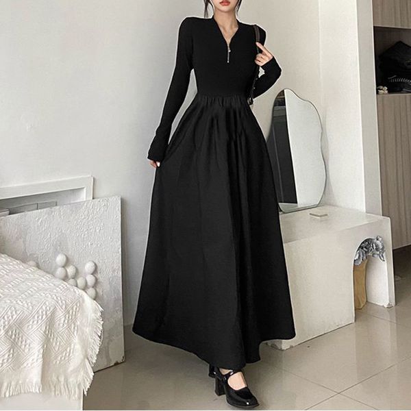 

basic casual dresses y2k women half zipper dress korean fashion slim long sleeve dress dark academic female hepburn style black big dresses, Black;gray