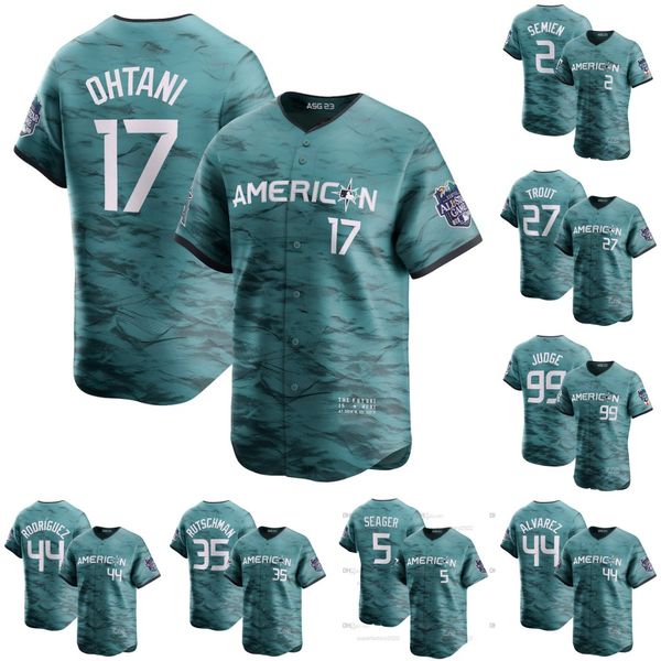 

shohei ohtani american league 2023 all star jersey mike trout yordan alvarez vladimir guerrero jr randy arozarena corey seager aaron judge b, Blue;black