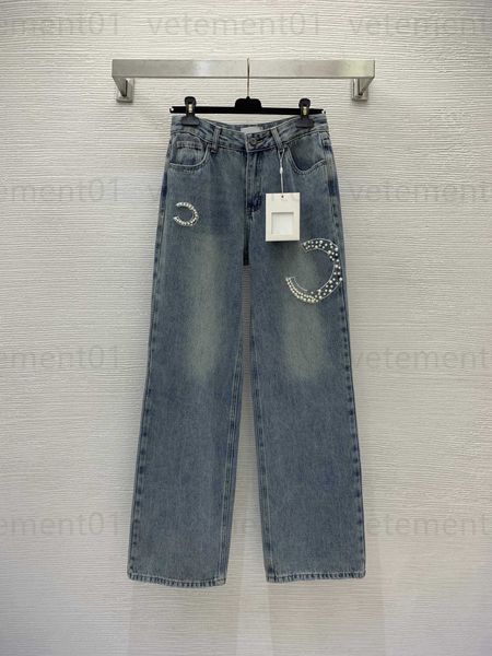 

designer jeans womens spring summer denim pants women high-end custom washed denims fabric embroidered beaded logo high waist skinny wide le, Blue