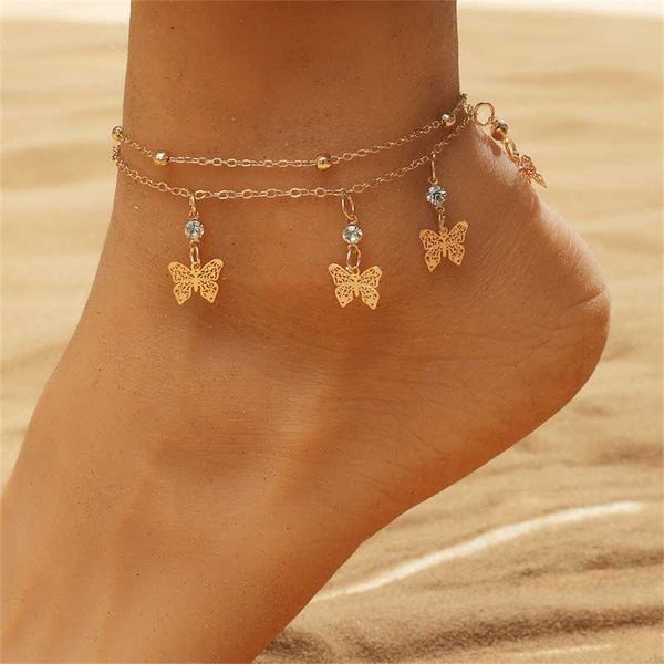 

anklets fashion two layers hollow butterfly anklet summer beach charm rhinestone foot chain for women girls metal beaded ankle bracelets 230, Red;blue