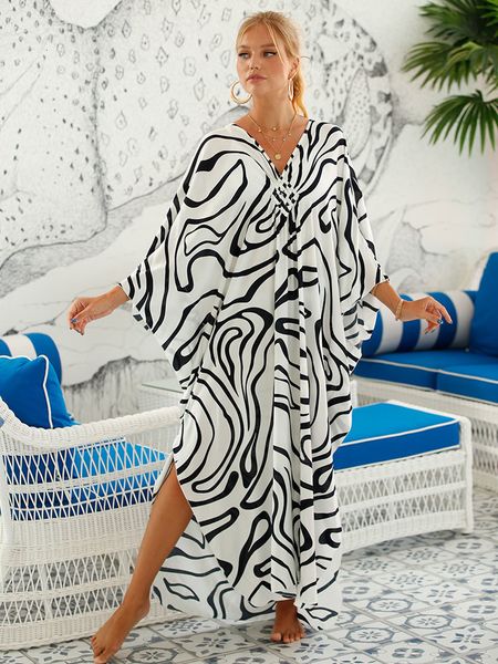 

women's swimwear zebra striped bikini cover-ups casual v-neck side split summer beach dress women beach wear swim suit cover up q1297 2, White;black