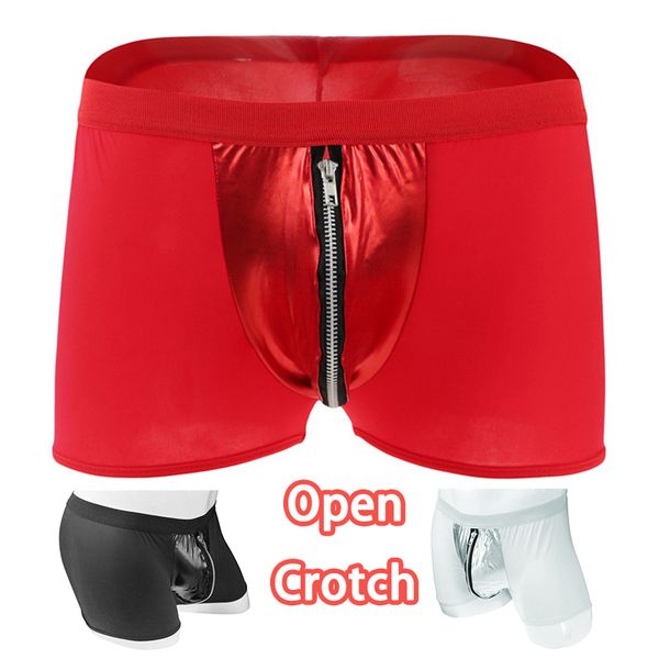 

man front open hole boxers with zipper crotch super erotic lingerie with bulge pouch gay dancewear club crotchless underpants, Black;white