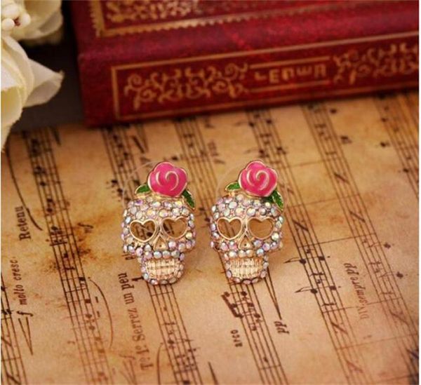 

pink rose skeleton ear studs rose rhinestone skull earrings stud earrings for women girls fashion jewelry7678554, Golden;silver