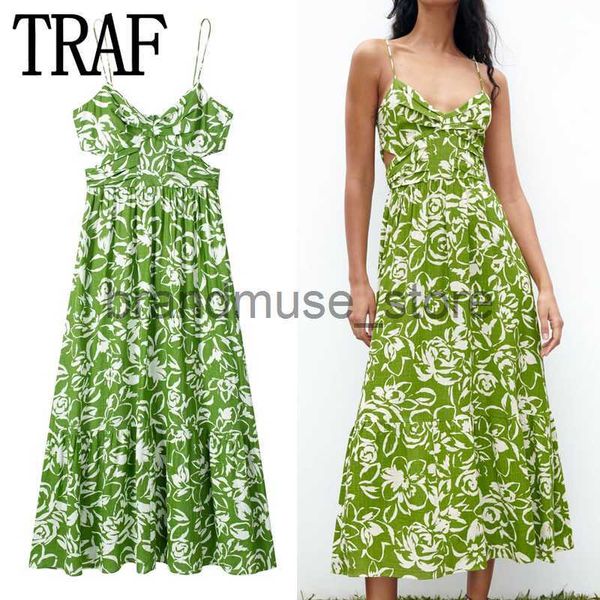 

basic casual dresses traf 2023 cut out slip long dress women summer green floral dress woman pleated backless party dresses beach holiday dr, Black;gray
