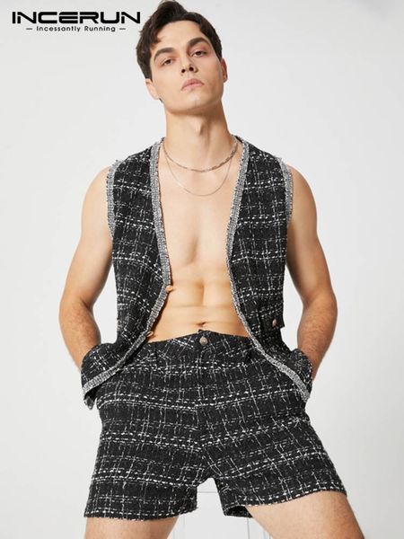

men's tracksuits incerun fashion men sets plaid v neck sleeveless button vests shorts two pieces sets streetwear men casual suits s-5xl, Gray