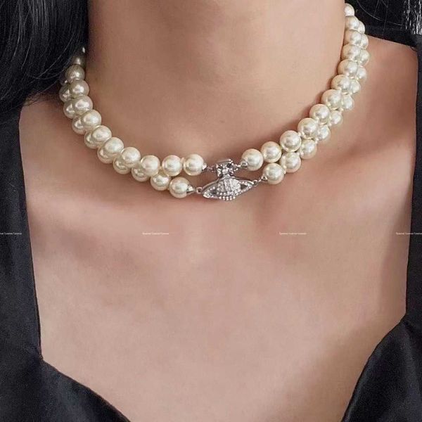 

planet saturn studded with diamonds imitation pearls exaggerated western empress dowager's mesh red necklace inset american double laye, Silver