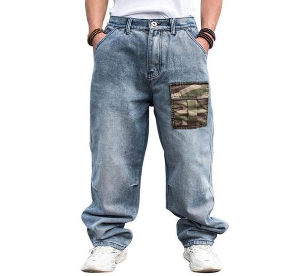 

large size loose straight jeans men denim pants baggy camouflage patch hip hop skateboard light blue wide leg trousers men039s50136808319