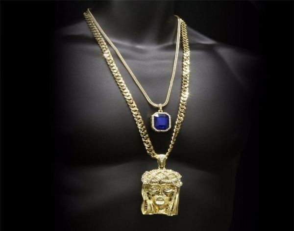 

hip hop golden crowned jesus head pendant iced out square gem crystal necklace set cuban chain294b3858444, Silver